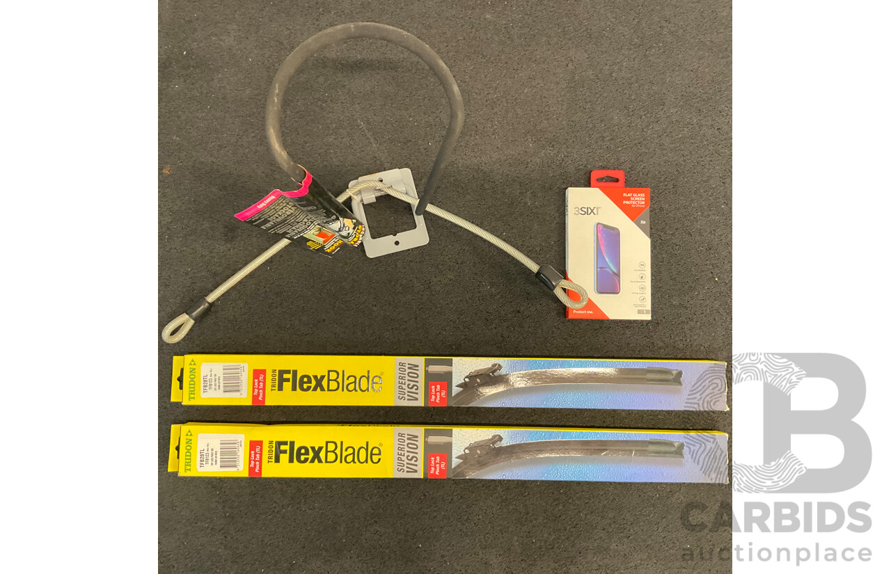 TRIDON FlexBlade Windscreen Wipers (x2),Bike Storage Hook and 3SIXT Flat Glass Screen Protector   - Lot of 4