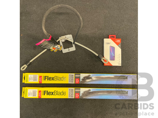 TRIDON FlexBlade Windscreen Wipers (x2),Bike Storage Hook and 3SIXT Flat Glass Screen Protector   - Lot of 4