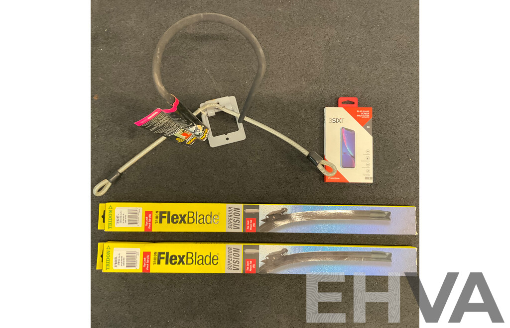 TRIDON FlexBlade Windscreen Wipers (x2),Bike Storage Hook and 3SIXT Flat Glass Screen Protector   - Lot of 4