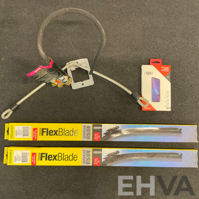 TRIDON FlexBlade Windscreen Wipers (x2),Bike Storage Hook and 3SIXT Flat Glass Screen Protector   - Lot of 4