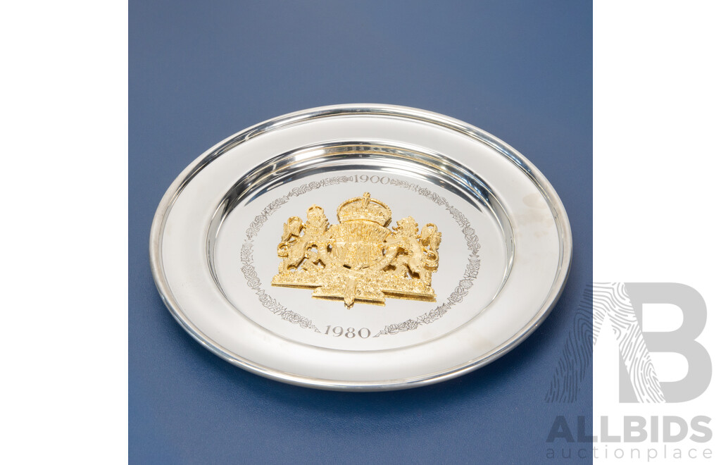 Stapledon Fine Arts 1980 Pewter and Gilt Metal Plate Commemorating the Queen Mother's 80th Birthday