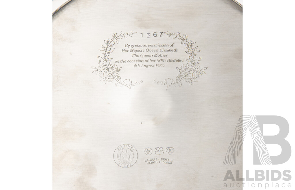 Stapledon Fine Arts 1980 Pewter and Gilt Metal Plate Commemorating the Queen Mother's 80th Birthday