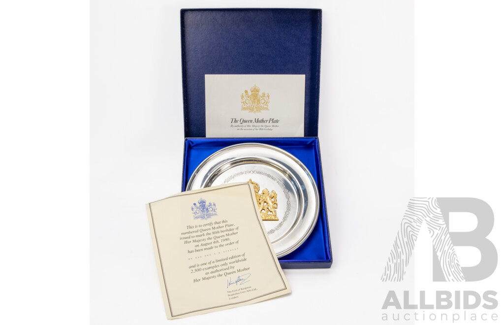Stapledon Fine Arts 1980 Pewter and Gilt Metal Plate Commemorating the Queen Mother's 80th Birthday