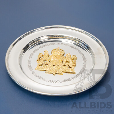 Stapledon Fine Arts 1980 Pewter and Gilt Metal Plate Commemorating the Queen Mother's 80th Birthday