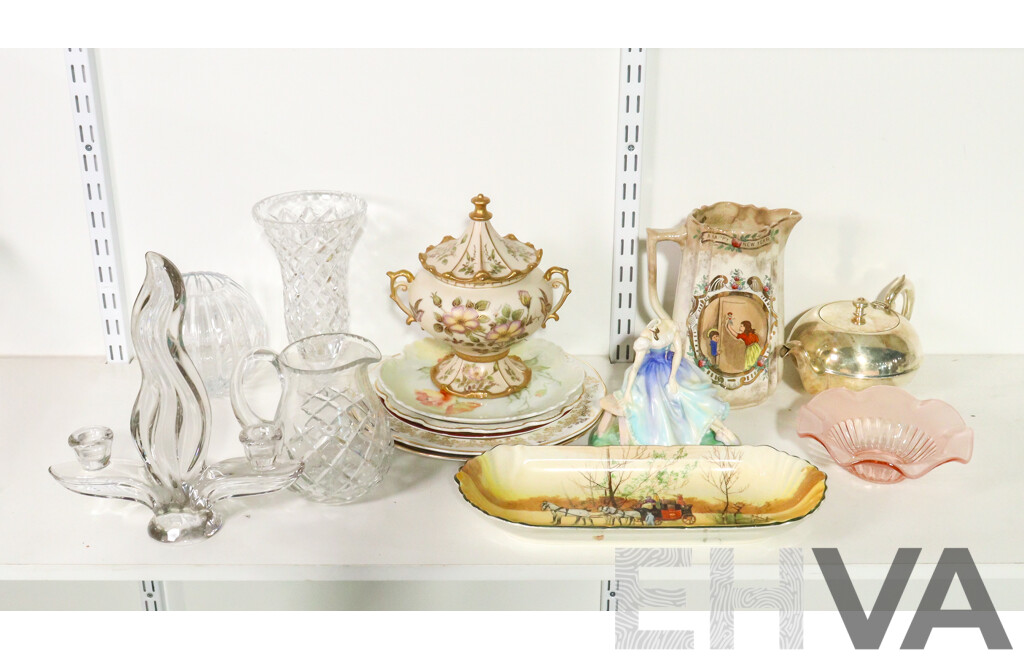 Assortment of Ceramics, Silverplate and Glass Ware Including Royal Doulton Ceramic Flower Arrangement and Swan, Robert Gordon Lamp, Endeavor Collector Plate, Radiant Teapot, Glass Bowl, Jug and Plate, Royal Worcester Vase...........