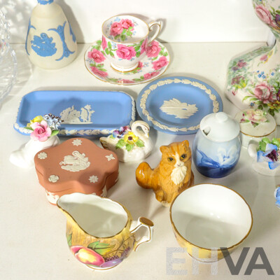 Assortment of Ceramics, Silverplate and Glass Ware Including Royal Doulton Ceramic Flower Arrangement and Swan, Robert Gordon Lamp, Endeavor Collector Plate, Radiant Teapot, Glass Bowl, Jug and Plate, Royal Worcester Vase...........