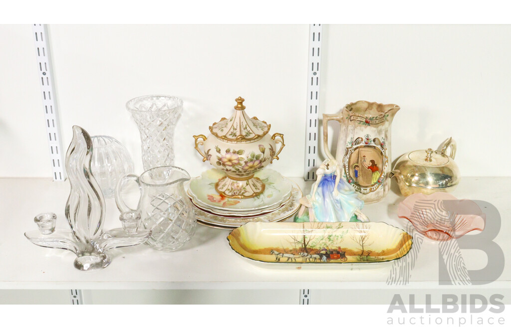 Assortment of Ceramics, Silverplate and Glass Ware Including Royal Doulton Ceramic Flower Arrangement and Swan, Robert Gordon Lamp, Endeavor Collector Plate, Radiant Teapot, Glass Bowl, Jug and Plate, Royal Worcester Vase...........