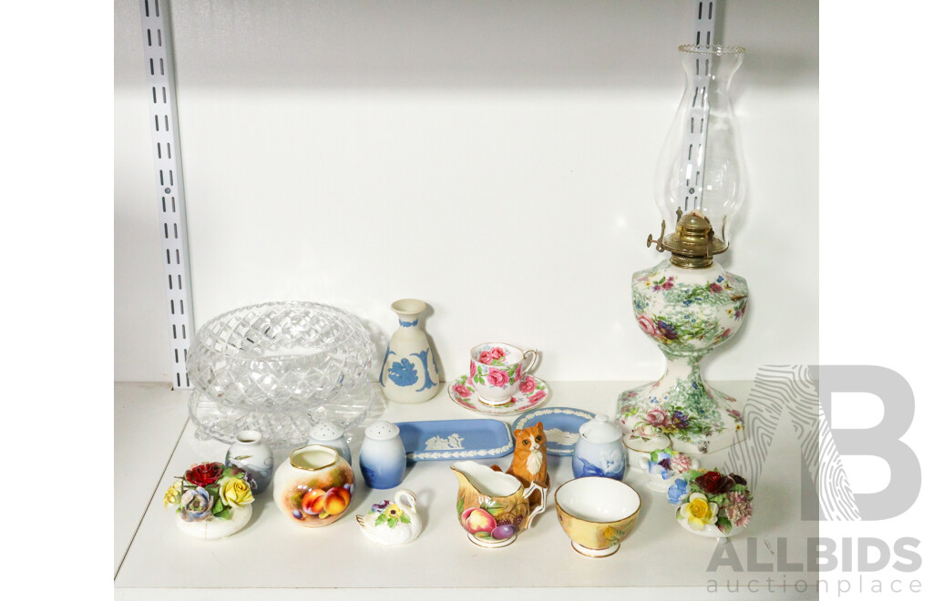 Assortment of Ceramics, Silverplate and Glass Ware Including Royal Doulton Ceramic Flower Arrangement and Swan, Robert Gordon Lamp, Endeavor Collector Plate, Radiant Teapot, Glass Bowl, Jug and Plate, Royal Worcester Vase...........