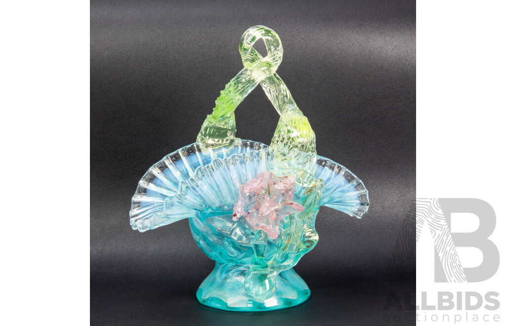 Antique Vaseline Uranium Glass Basket with Ruffle Edge and Floral Design