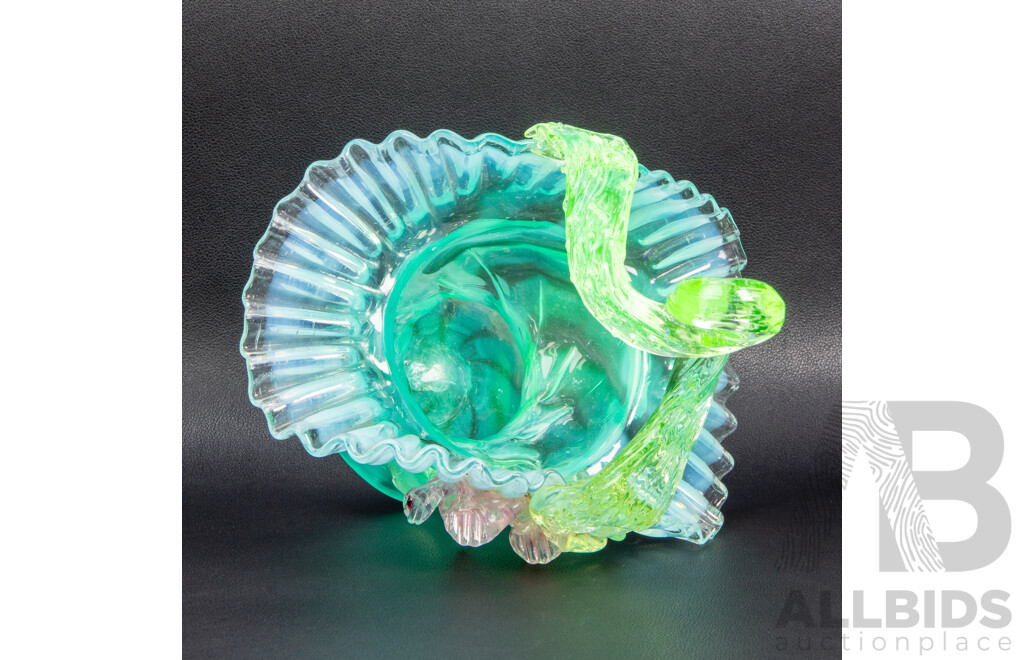 Antique Vaseline Uranium Glass Basket with Ruffle Edge and Floral Design