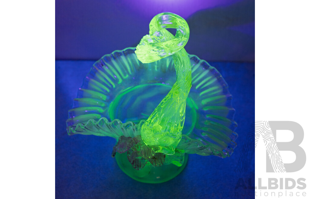 Antique Vaseline Uranium Glass Basket with Ruffle Edge and Floral Design