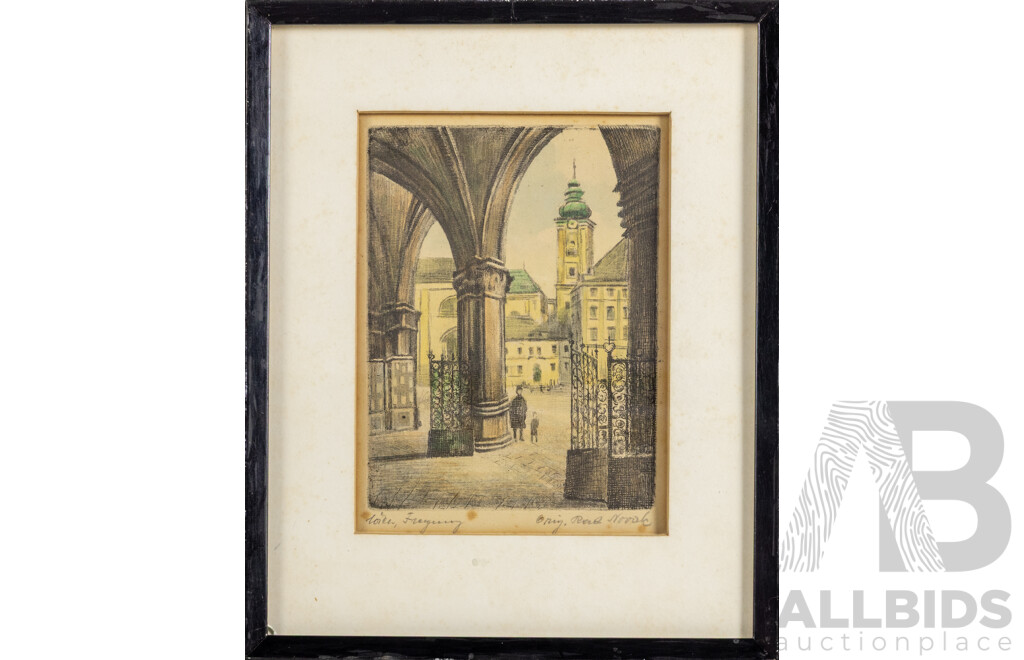 Artist Unknown, (Early 20th Century), Walk in European Town, Lovely Antique Colour Etching, 24 x 19 cm (frame)