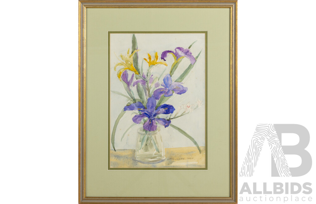 Barrett? (Working c1980s), Irises in Glass Vase (1985),  Original Watercolour, 53 x 41 cm (frame)