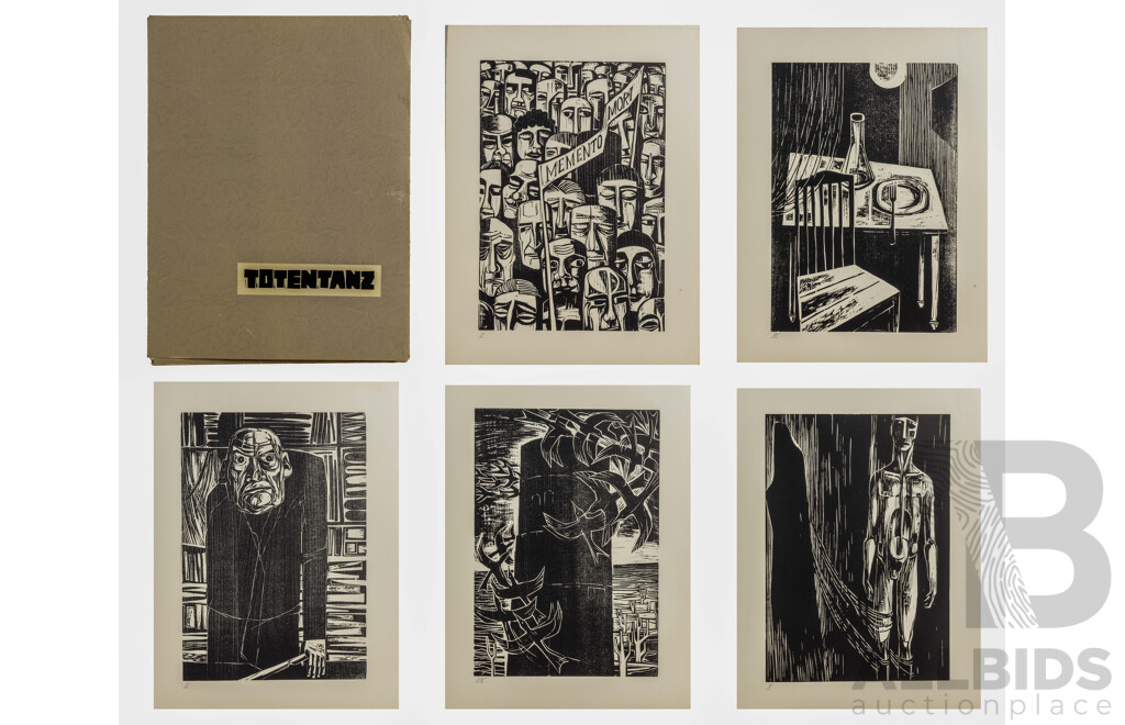 Werner Rosenbusch, (20th Century, German, 1924-2016), Totentanz (Death), Woodcut Cycle, Twelve Original Woodcuts on Copperplate in Original Portfolio Folder, 54 x 40 & 40 x 54 cm (sheets) (12)