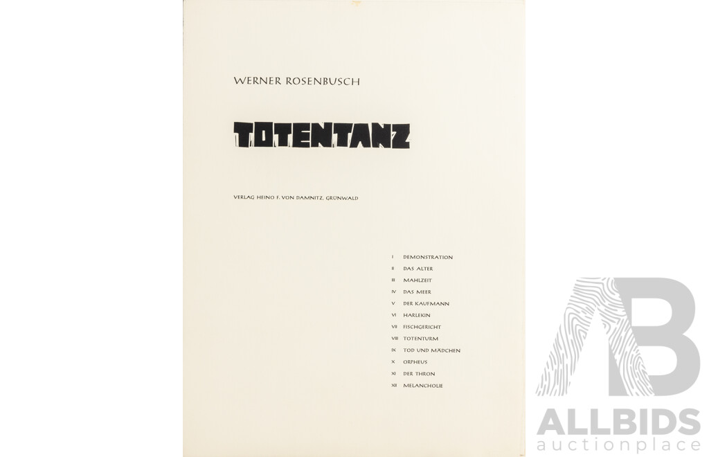 Werner Rosenbusch, (20th Century, German, 1924-2016), Totentanz (Death), Woodcut Cycle, Twelve Original Woodcuts on Copperplate in Original Portfolio Folder, 54 x 40 & 40 x 54 cm (sheets) (12)