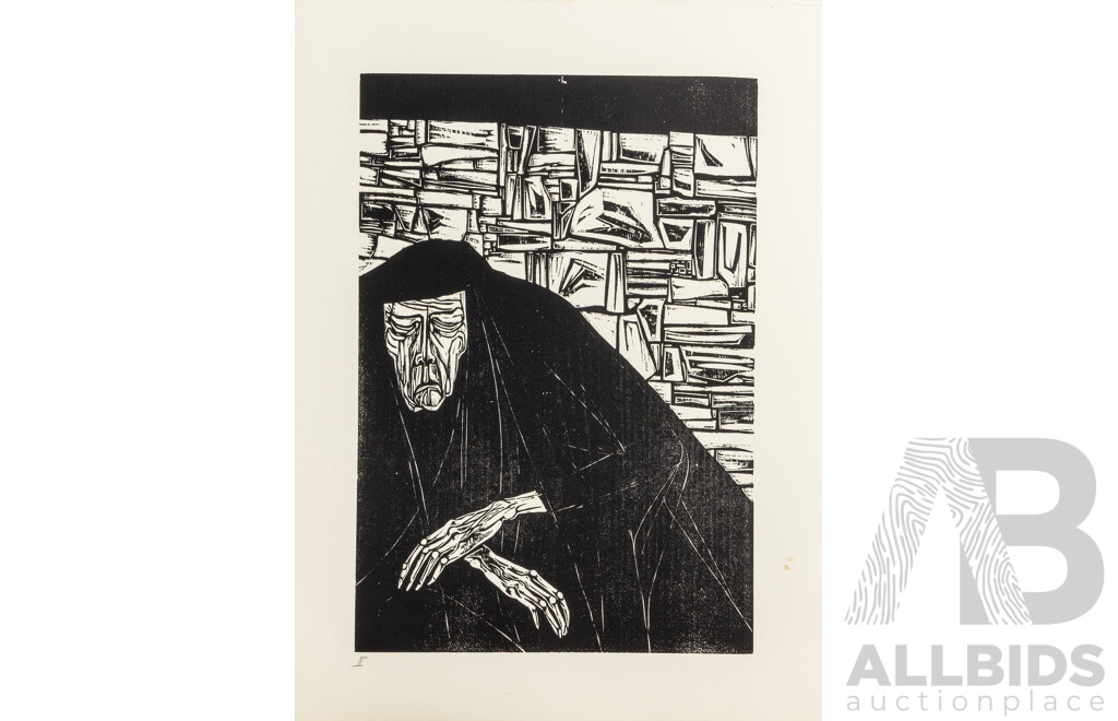 Werner Rosenbusch, (20th Century, German, 1924-2016), Totentanz (Death), Woodcut Cycle, Twelve Original Woodcuts on Copperplate in Original Portfolio Folder, 54 x 40 & 40 x 54 cm (sheets) (12)