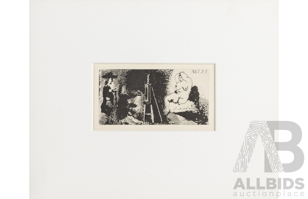 Pablo Picasso, (19/20th Centuries, Spanish-Born French, 1881-1973),  Painter, Model & Visitor, (1968-69), Etching, 6 x 12 cm (image)