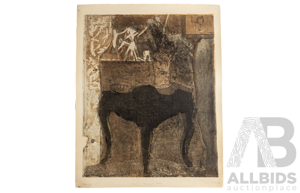 John Dent, (20th Century, Australian, 1951-), Chinese Newspaper Table (1975), Wonderful Hand Coloured Signed & Editioned Etching & Aquatint, 93 x 73 cm (sheet)