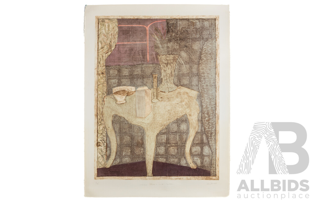 John Dent, (20th Century, Australian, 1951-), Chinese Table & Milk Carton (1978), Wonderful Signed & Editioned Hand Coloured Etching & Aquatint, 96 x 73 cm (sheet)