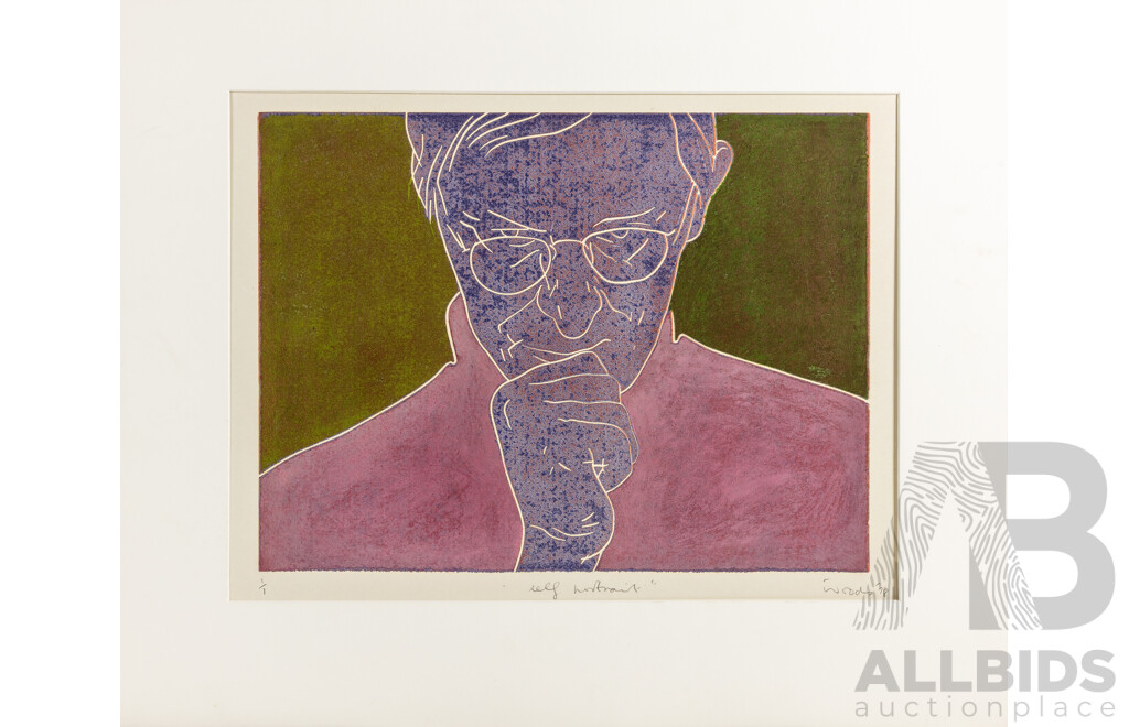 Tony Woods, (20th Century, Australian, 1940-2017), Self Portrait, Original Signed & Editioned (1/1) Colour Linocut, 51 x 65 cm (sheet)