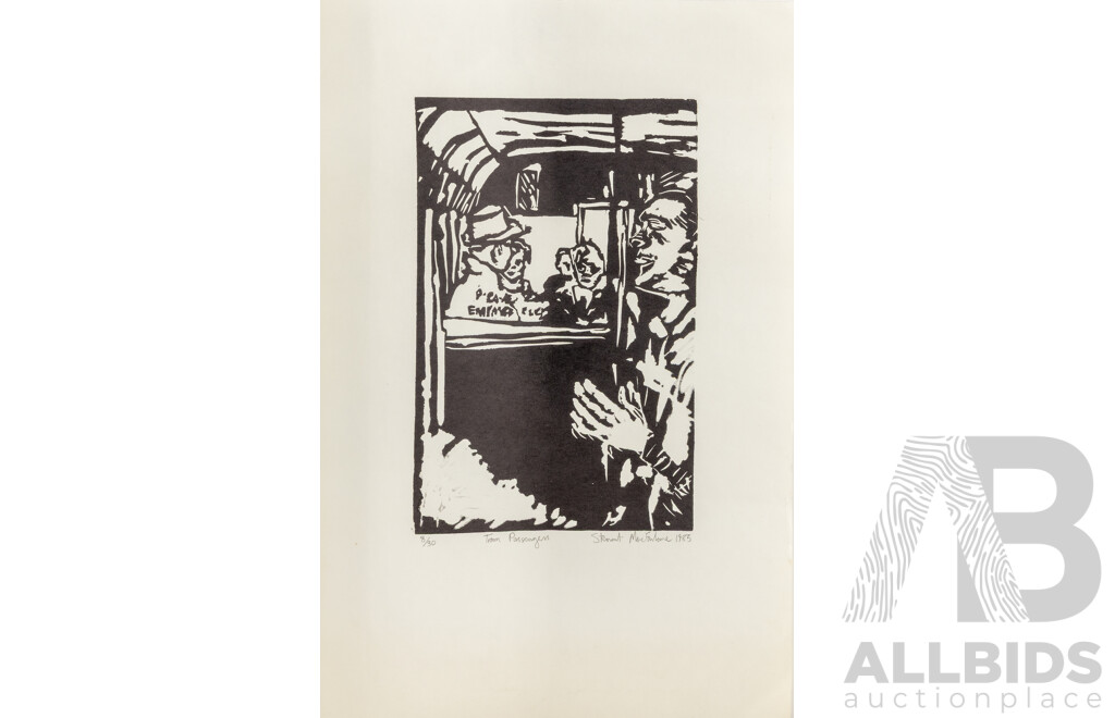 Stewart McFarlane, (20th Century, Australian, 1953-), Tram Passengers (1985), Wonderful Editioned & Signed Linocut on Paper, 51 x 34 cm (sheet)