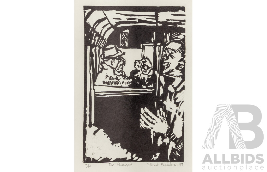 Stewart McFarlane, (20th Century, Australian, 1953-), Tram Passengers (1985), Wonderful Editioned & Signed Linocut on Paper, 51 x 34 cm (sheet)
