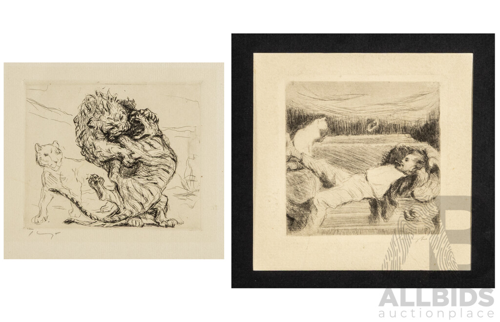 Max Slevgot (19/20th Centuries, German, 1868-1932), Meditation (from Schwarzen Szenen) (c1904-1905),, 9 x 9 cm (image) & Lion & Tiger Fighting, 9 x 11 cm (image); Pair of Wonderful Antique Drypoint Etchings, (2)