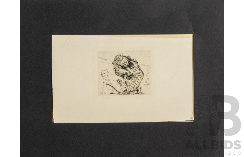Max Slevgot (19/20th Centuries, German, 1868-1932), Meditation (from Schwarzen Szenen) (c1904-1905),, 9 x 9 cm (image) & Lion & Tiger Fighting, 9 x 11 cm (image); Pair of Wonderful Antique Drypoint Etchings, (2)