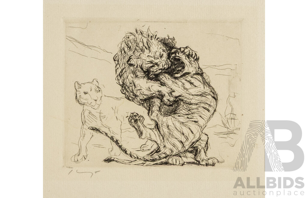 Max Slevgot (19/20th Centuries, German, 1868-1932), Meditation (from Schwarzen Szenen) (c1904-1905),, 9 x 9 cm (image) & Lion & Tiger Fighting, 9 x 11 cm (image); Pair of Wonderful Antique Drypoint Etchings, (2)