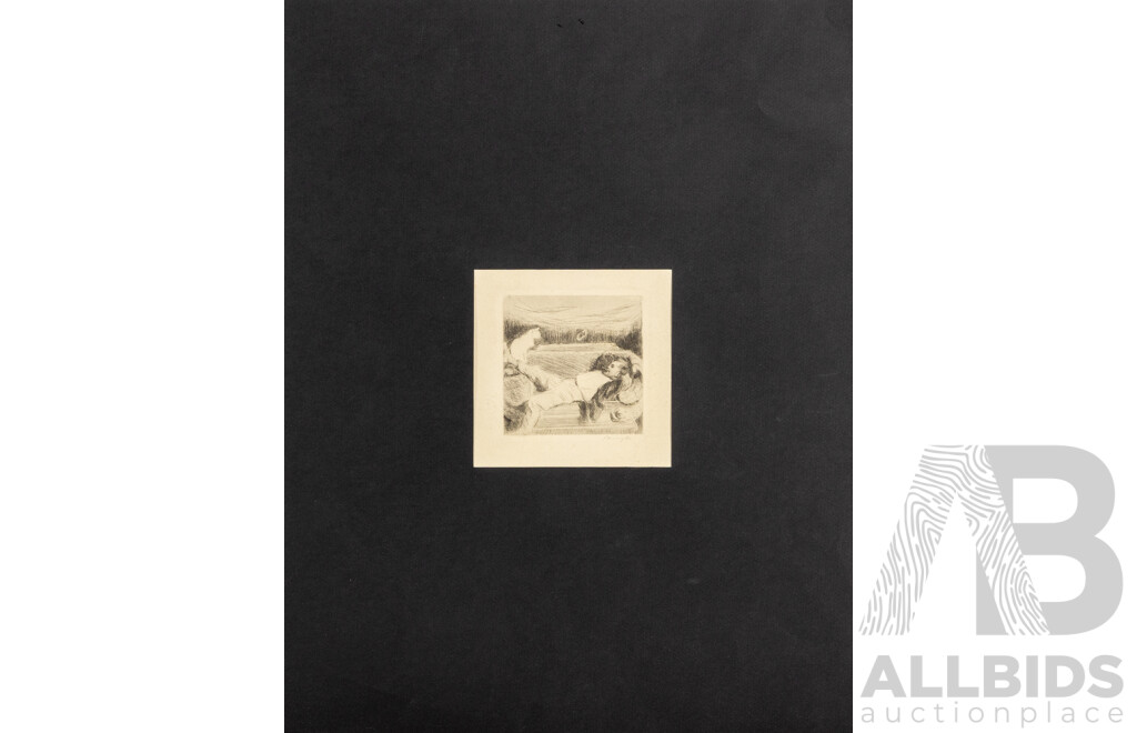 Max Slevgot (19/20th Centuries, German, 1868-1932), Meditation (from Schwarzen Szenen) (c1904-1905),, 9 x 9 cm (image) & Lion & Tiger Fighting, 9 x 11 cm (image); Pair of Wonderful Antique Drypoint Etchings, (2)