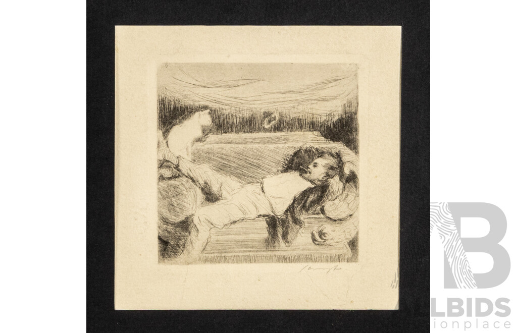 Max Slevgot (19/20th Centuries, German, 1868-1932), Meditation (from Schwarzen Szenen) (c1904-1905),, 9 x 9 cm (image) & Lion & Tiger Fighting, 9 x 11 cm (image); Pair of Wonderful Antique Drypoint Etchings, (2)
