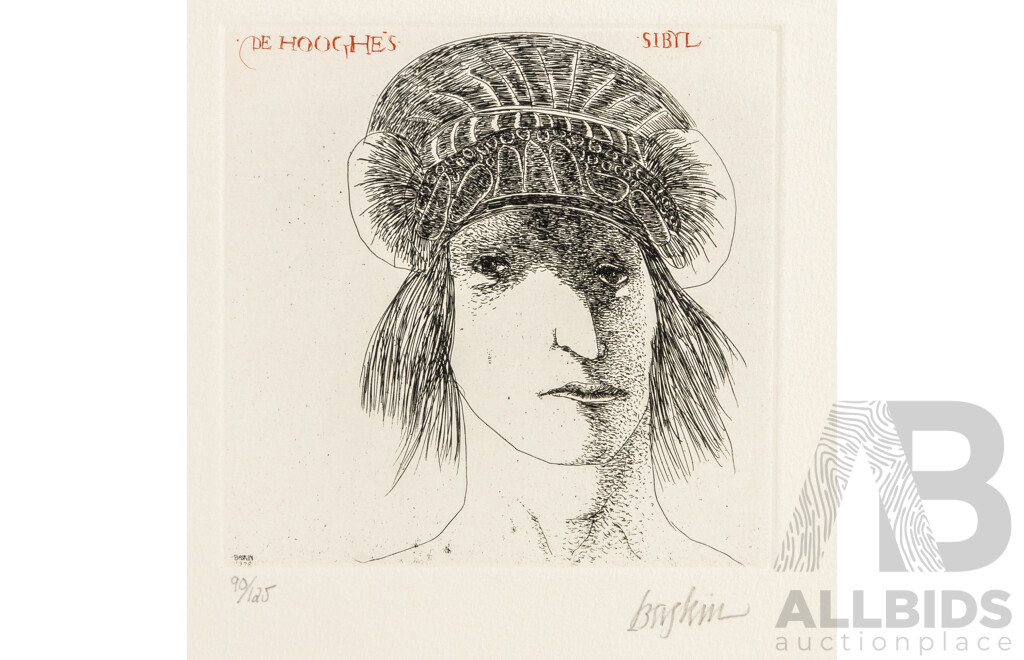 Leonard Baskin, (20th Century, American, 1922-2000), De Hooghe's Sibyl (1978), Wonderful Original Signed & Limited Editioned Etching in Black and Red on Wove Paper, 38 x 28 cm (sheet)