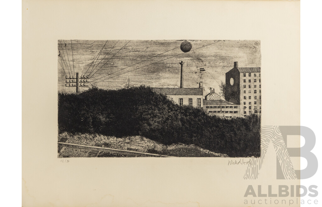 Paul Wunderlich, (20th Century, German, 1927–2010), Train Tracks,  Original Vintage Editioned & Signed Etching, 44 x 59 cm (frame)