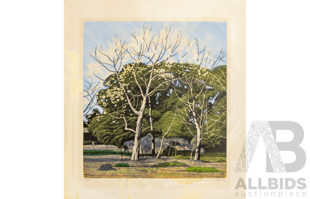 Shogo Okamoto, (20th Century, Japanese, 1920-2001), White Flowers (1975), Coloured Vintage Etching, 50 x 46 cm (sheet)