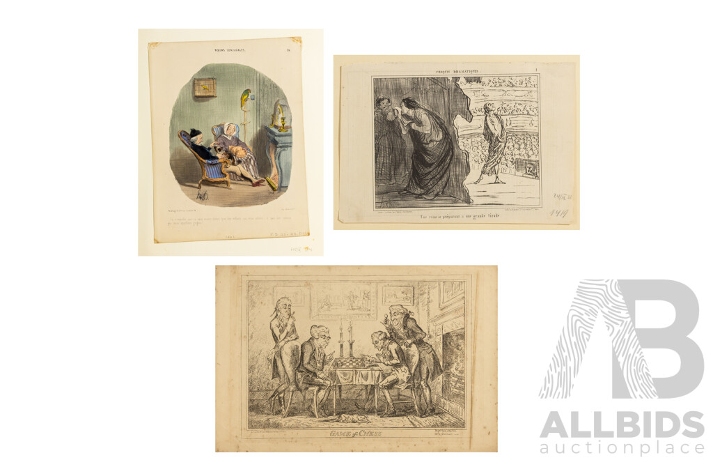 Collection of Three Antique French & English Cartoons, Including Colour Lithograph (^c1842) Likely by Honore Daumier, 33 x 25 cm (sheet)