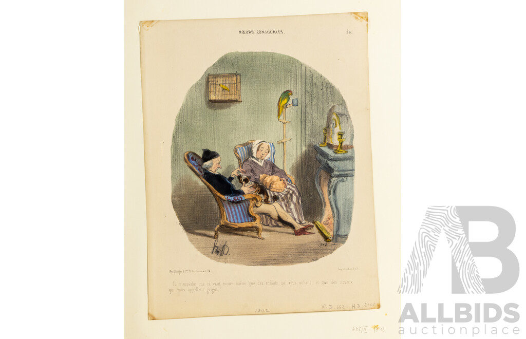 Collection of Three Antique French & English Cartoons, Including Colour Lithograph (^c1842) Likely by Honore Daumier, 33 x 25 cm (sheet)
