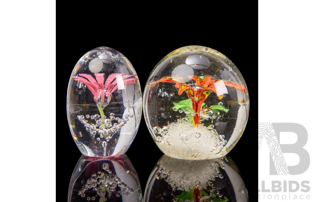 Vintage Daum Art Glass Paperweight with Central Daisy and Another