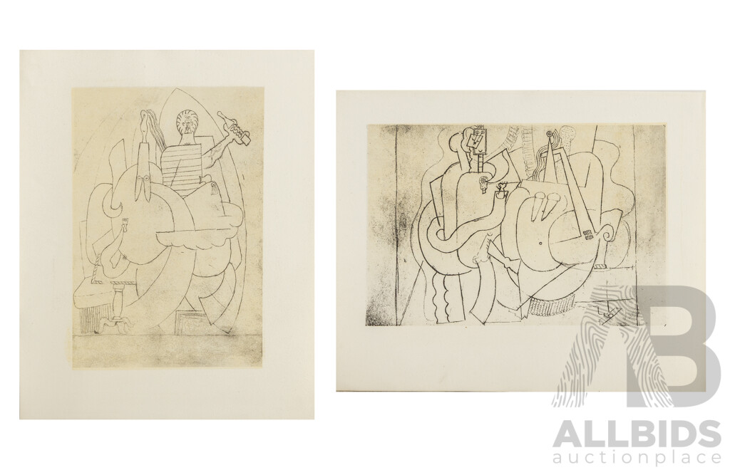 Pablo Picasso (19/20th Centuries, Spanish, 1881-1973), Card Players at Table & Untitled,  Pair of Miniature Vintage Unsigned Lithographic Prints, 21 x 26 & 26 x 21 cm (sheets) (2)