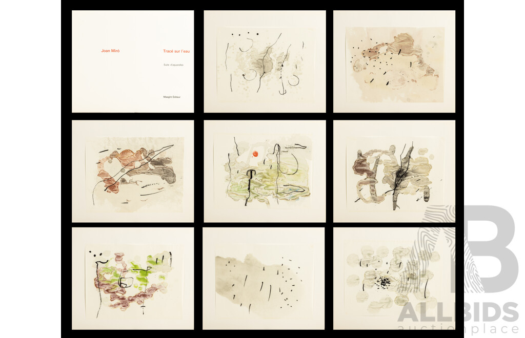 Joan Miro, (29th Century, Spanish, 1893-1983), Trace Sur L’eau-Suite D’aquarelles, Suite of 14 Reproductions Watercolors + Cover in Portfolio (1963)
