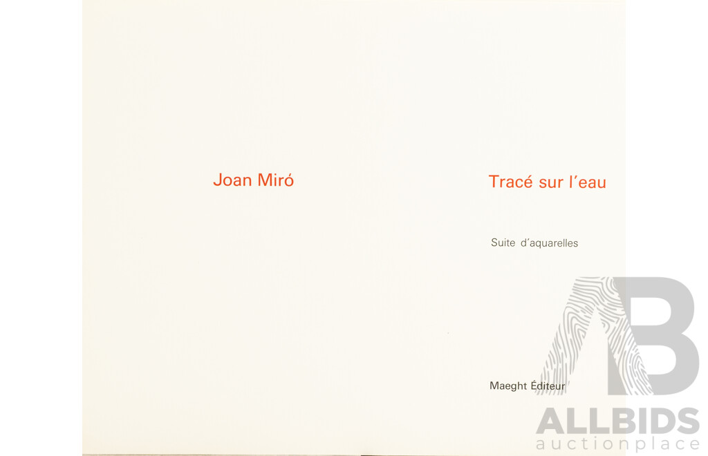Joan Miro, (29th Century, Spanish, 1893-1983), Trace Sur L’eau-Suite D’aquarelles, Suite of 14 Reproductions Watercolors + Cover in Portfolio (1963)