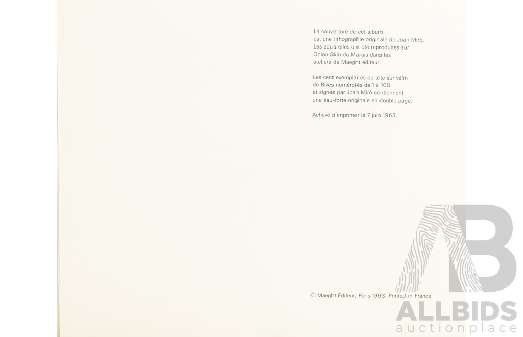Joan Miro, (29th Century, Spanish, 1893-1983), Trace Sur L’eau-Suite D’aquarelles, Suite of 14 Reproductions Watercolors + Cover in Portfolio (1963)