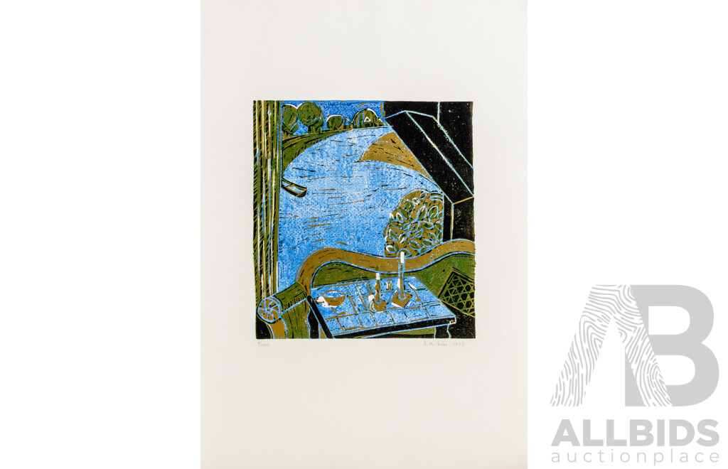 D. M. Kus, (20th Century, German), Blick Aus Dem Fenster [View Out Window] (1973), Original Vintage Colour Signed & Editioned Woodcut, 61 x 43 cm (sheet)