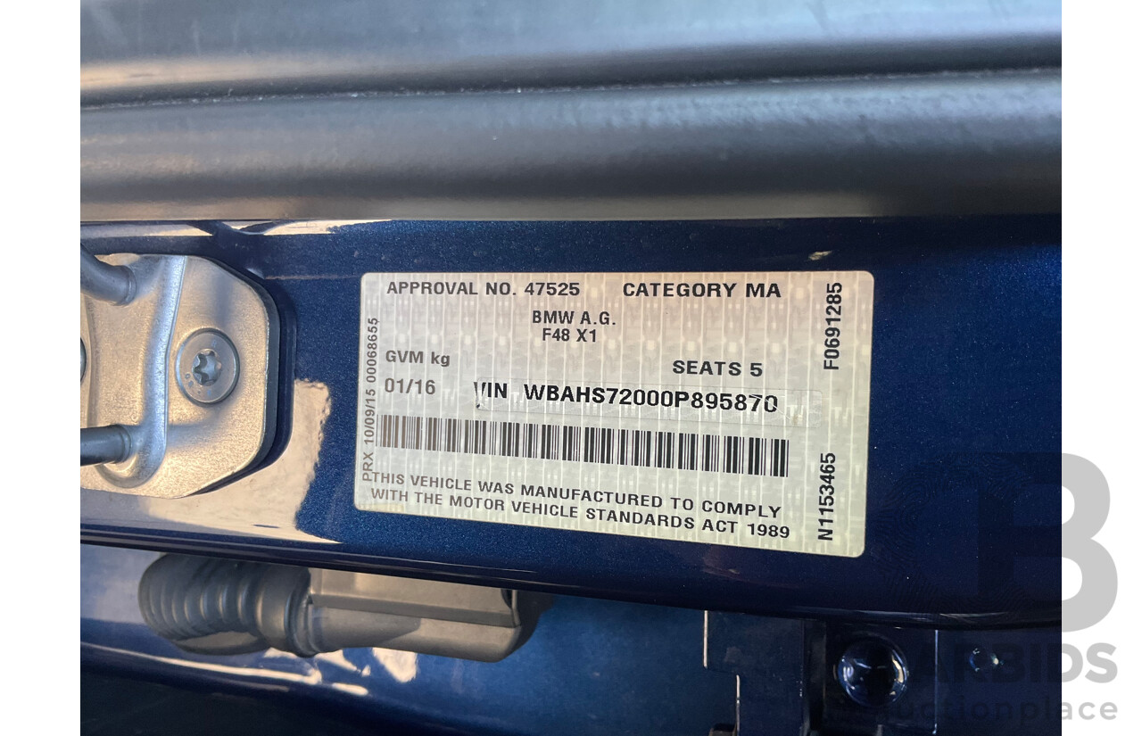 01/2016 BMW X1 sDrive20i xLine (FWD) F48 4d Wagon Meditteranean Blue Metallic Turbo 2.0L