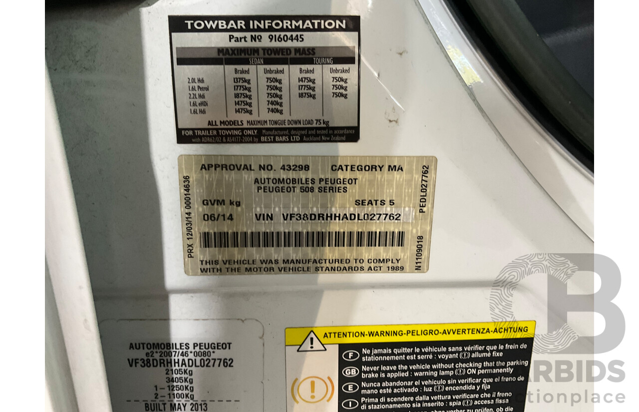 6/2014 Peugeot 508 Allure HDi MY13 4d Sedan Bianca White Turbo Diesel 2.0L