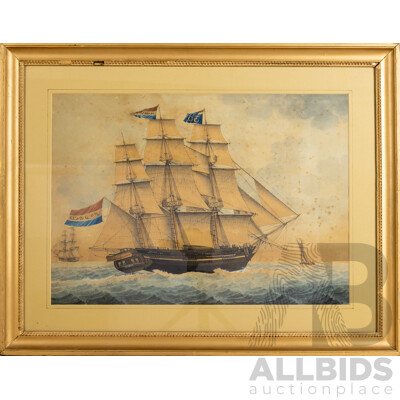 J. Moor, (19th Century), Ship Maria 30, Lovely Antique Original Pencil & Watercolour, 60 x 76 cm (frame)