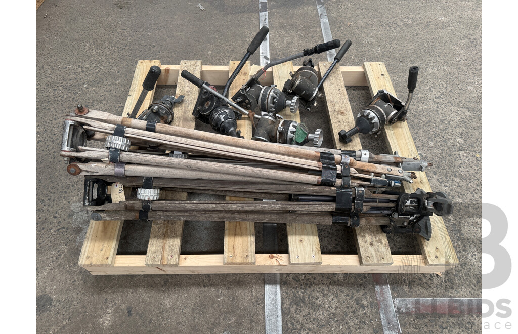 Pallet of 3x Wooden Tripod Legs 3x Older Tripod Heads + 6x Tripod Heads.