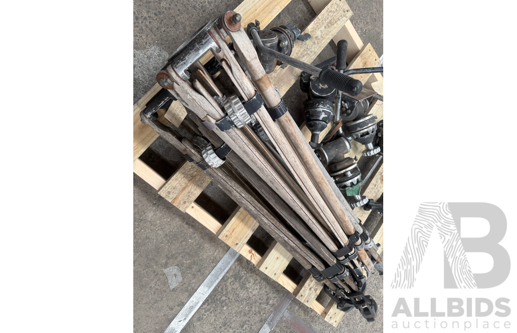 Pallet of 3x Wooden Tripod Legs 3x Older Tripod Heads + 6x Tripod Heads.