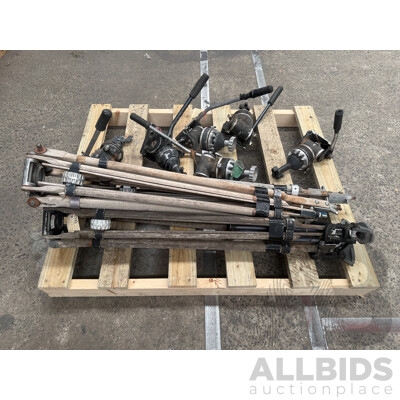 Pallet of 3x Wooden Tripod Legs 3x Older Tripod Heads + 6x Tripod Heads.