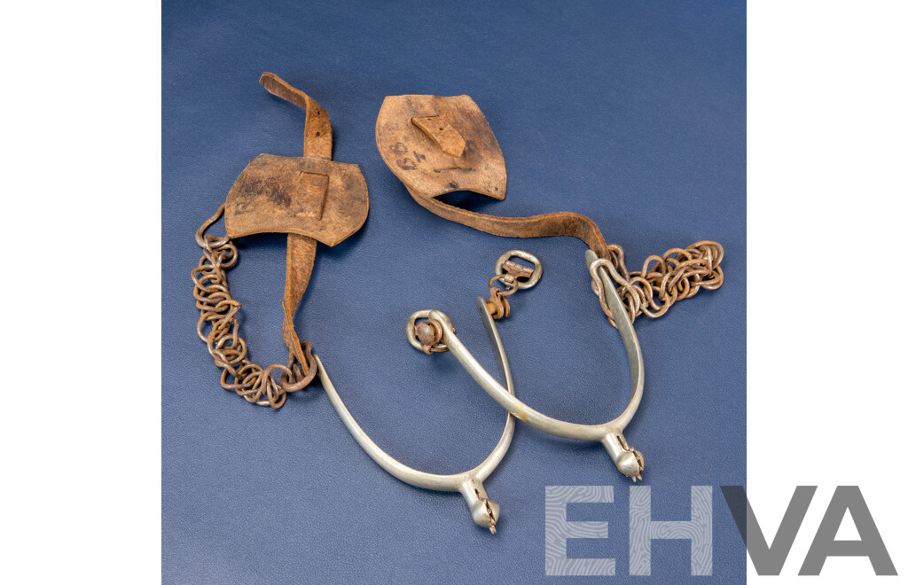 Pair of Vintage Pewter Cowboy Spurs with Leather Straps