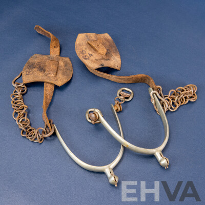 Pair of Vintage Pewter Cowboy Spurs with Leather Straps
